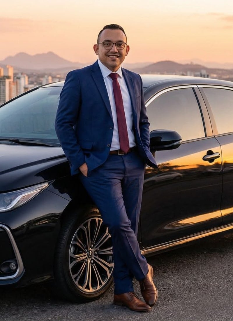 Emanuel, proprietário e motorista da JR Transportes, ao lado do Toyota executivo